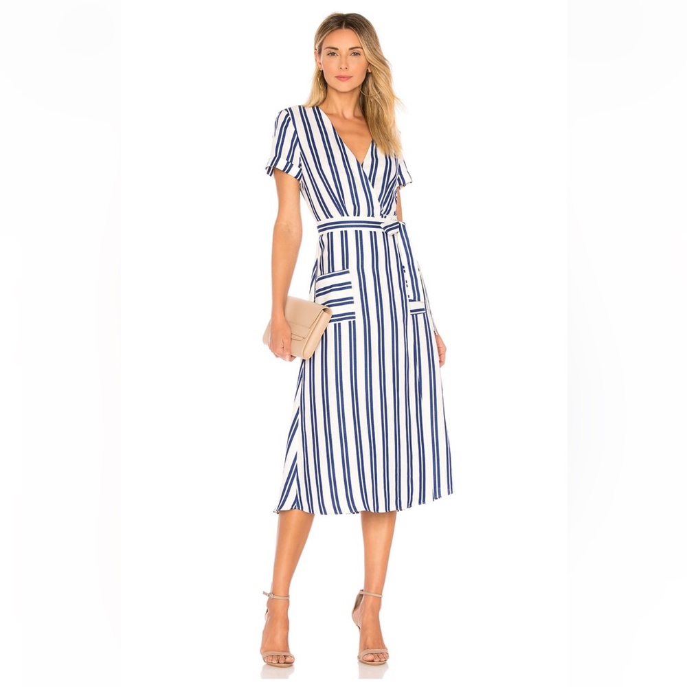 L’Academie Ocean Blue Stripe Wrap Dress Size S NWOT